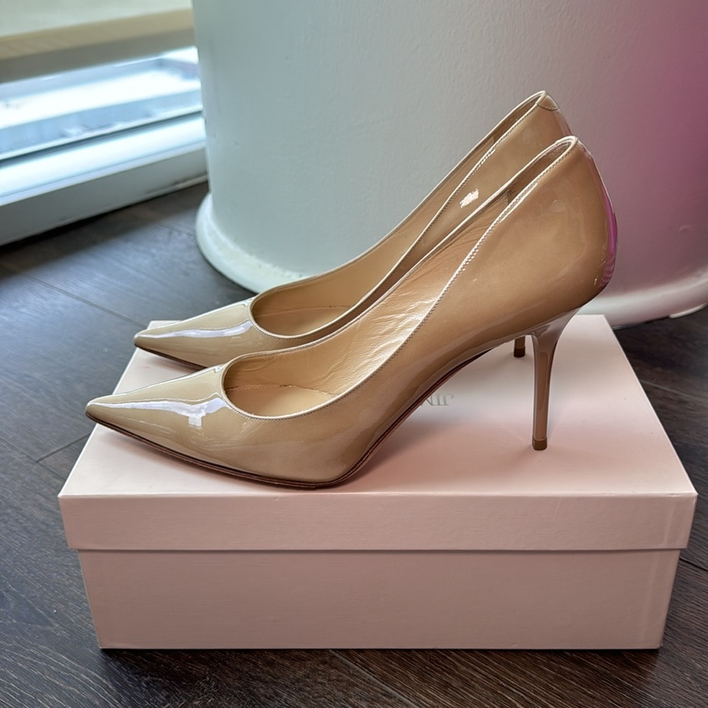 Jimmy Choo 247 Agnes Nude Patent Leather Pointed Toe Heels size 40
